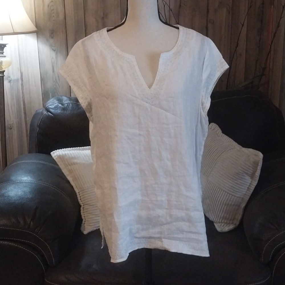 St Tropez West 100% Linen Embellished Tunic Top Size XL
